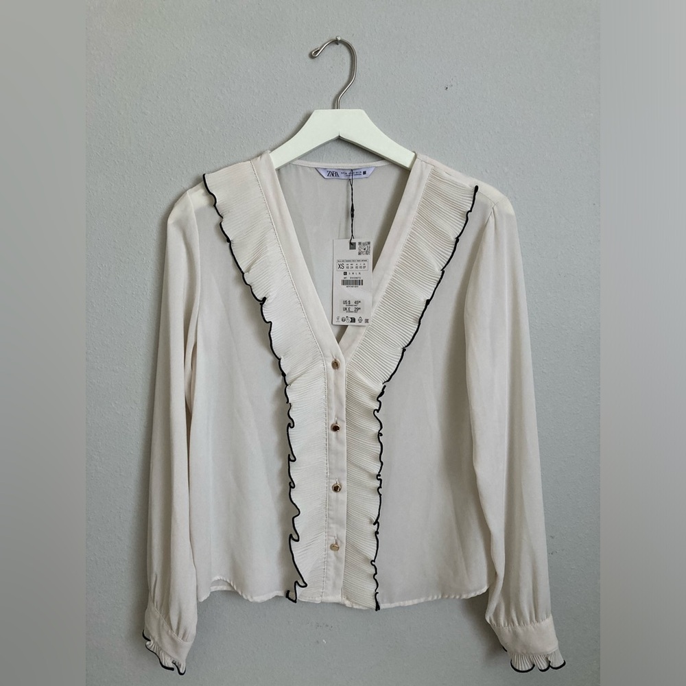 Zara Cream Blouse with Black-Trim Ruffled V-Neck - Size XS (NWT)